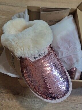 BearPaw Loki Exotic Slippers Pink Sequin Slip-On Mules in Rose Gold